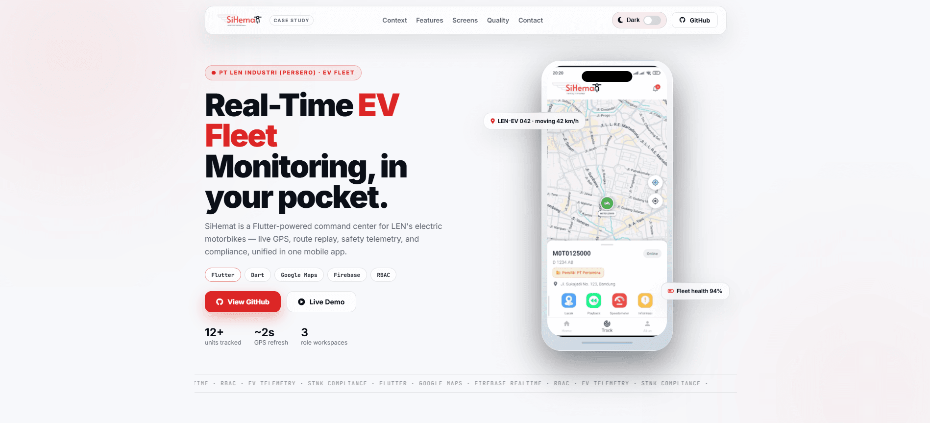 SiHemat mobile app overview showing live EV motorbike GPS tracking and fleet monitoring interface.